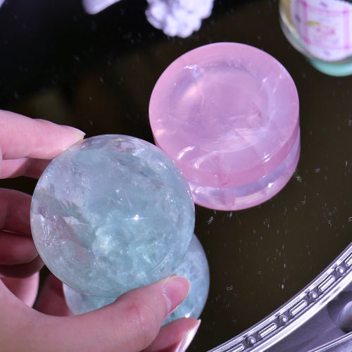 [ 現貨 ] TSCS009 綠營石球連粉晶底座 Natural Green Fluorite Ball ( with rose quartz base )