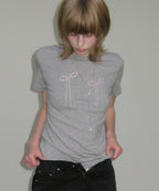 [ Pre-order ] Millo Women Pearl Ribbon T-shirt