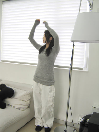 [ KR0458 清貨 ]  薄針織修腰長袖上衣兩色入 Bali Knit Ops