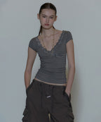[ Pre-order ] Lace Trim Wrap Tee