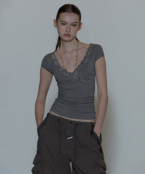 [ Pre-order ] Lace Trim Wrap Tee