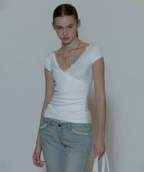 [ Pre-order ] Lace Trim Wrap Tee