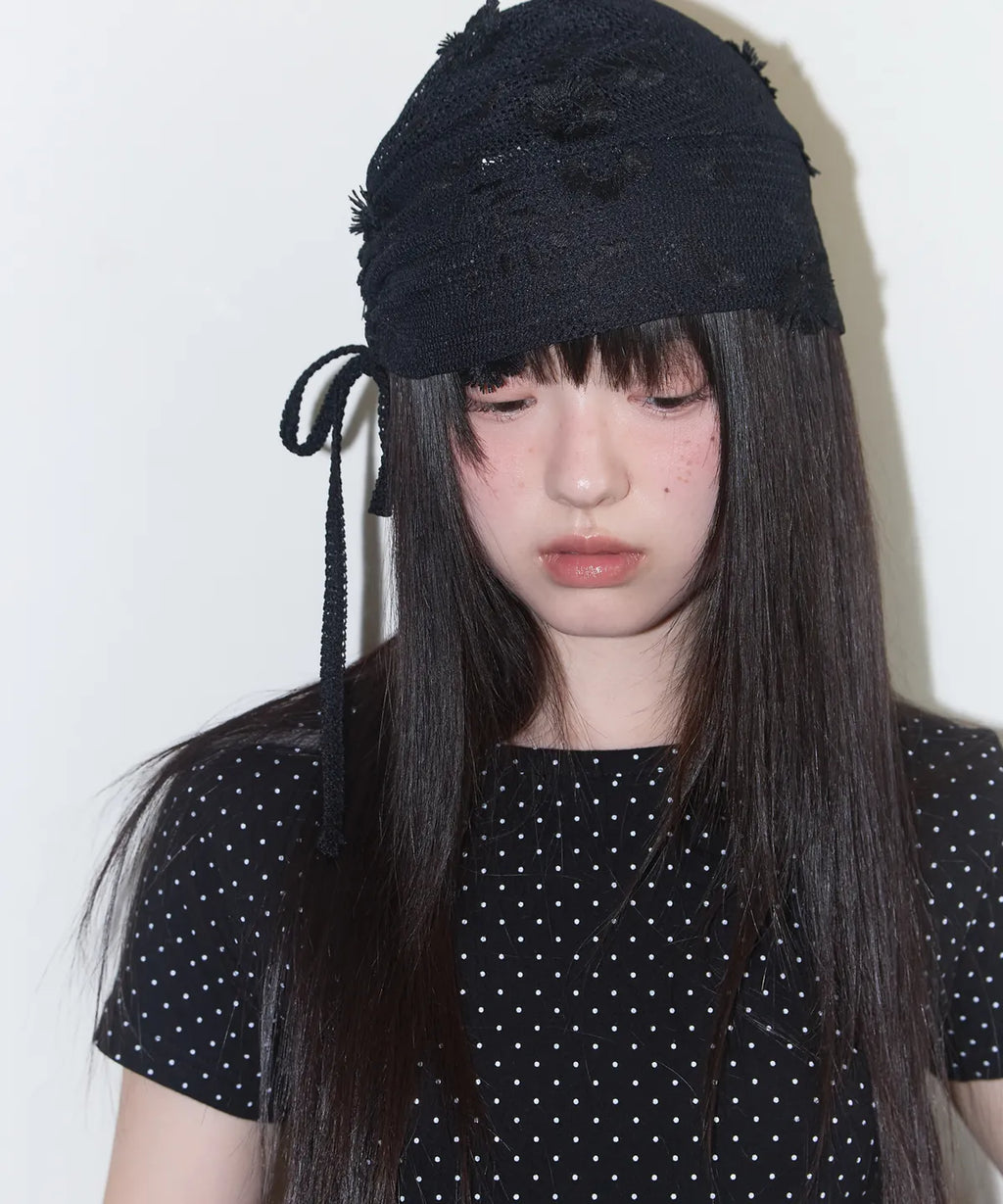 [ Pre-order ] Lace Ribbon Shirring Beanie
