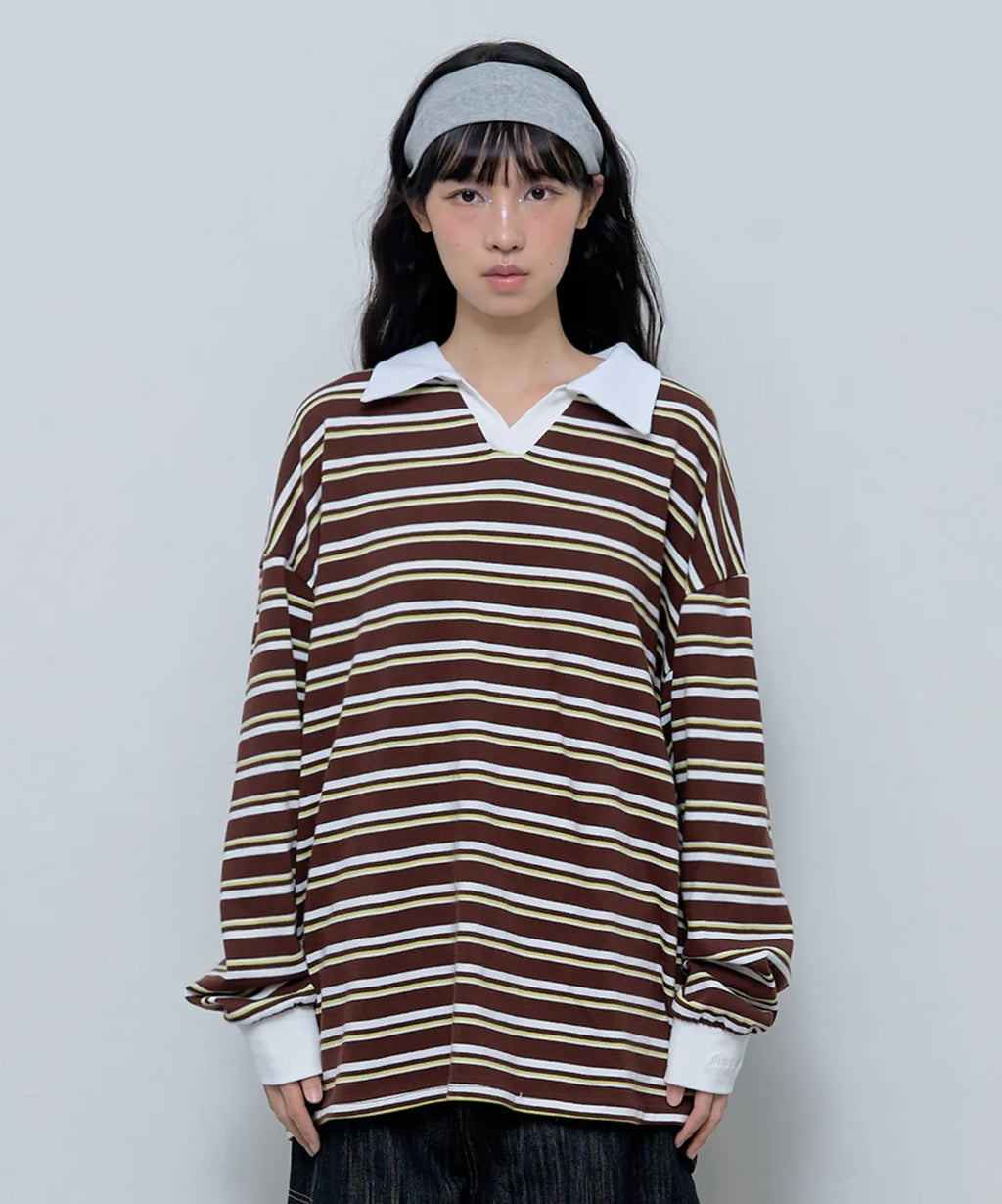 [ Pre-order ] Fancy Club Stripe Overfit Rugby - brown