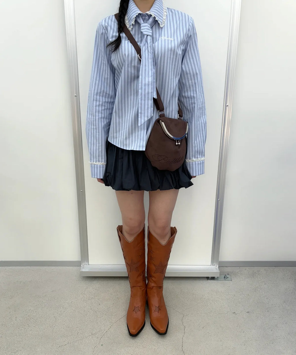 [ Pre-order ] Stripe Lace Tie Shirt Blue