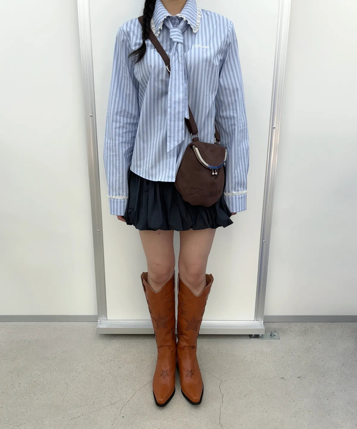 [ Pre-order ] Stripe Lace Tie Shirt Blue