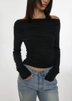 [ Pre-order] Blackup Made Flashy Shirring Boat Neck Ling Sleeve T-shirt