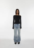 [ Pre-order] Blackup Made Flashy Shirring Boat Neck Ling Sleeve T-shirt