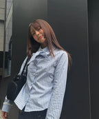 [ Pre-order ] Stripe Lace Tie Shirt Blue