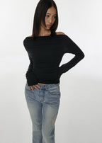 [ Pre-order] Blackup Made Flashy Shirring Boat Neck Ling Sleeve T-shirt