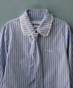 [ Pre-order ] Stripe Lace Tie Shirt Blue