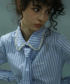 [ Pre-order ] Stripe Lace Tie Shirt Blue