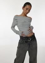 [ Pre-order] Blackup Made Flashy Shirring Boat Neck Ling Sleeve T-shirt