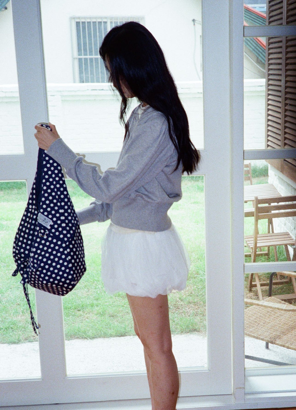 [ Pre-order ] 리버시블 보우 캔버스백 - 도트 네이비