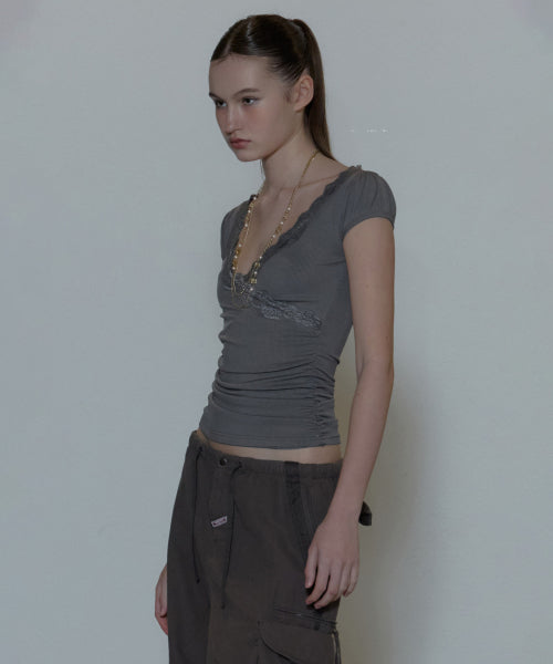 [ Pre-order ] Lace Trim Wrap Tee