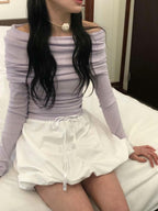 [ KR0472 清貨 ] 超顯瘦一字膊露肩修身長袖上衣四色入  V-day Off-shoulder Top