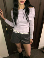 [ KR0472 清貨 ] 超顯瘦一字膊露肩修身長袖上衣四色入  V-day Off-shoulder Top