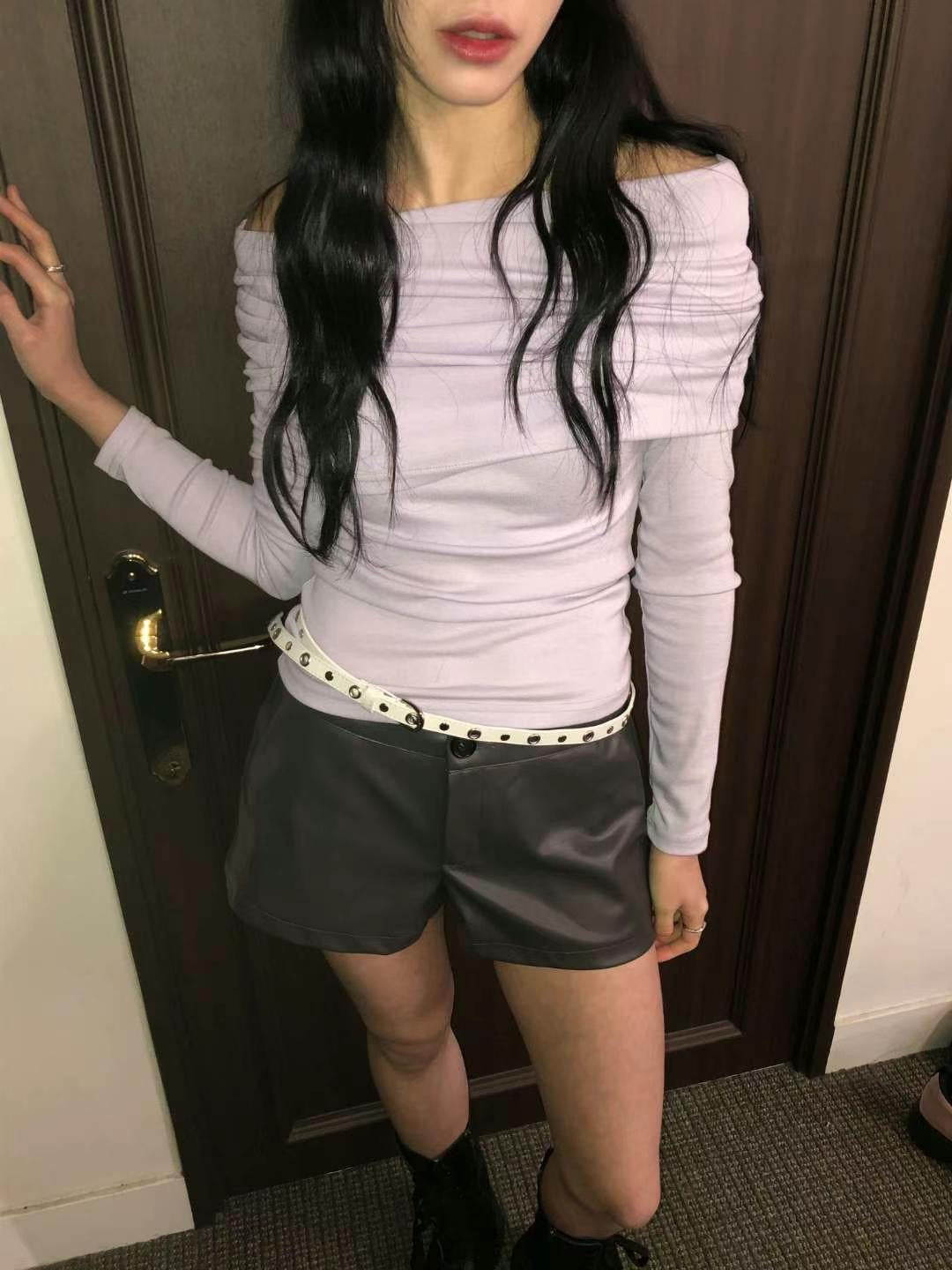 [ KR0472 清貨 ] 超顯瘦一字膊露肩修身長袖上衣四色入  V-day Off-shoulder Top