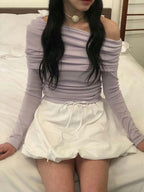 [ KR0472 清貨 ] 超顯瘦一字膊露肩修身長袖上衣四色入  V-day Off-shoulder Top